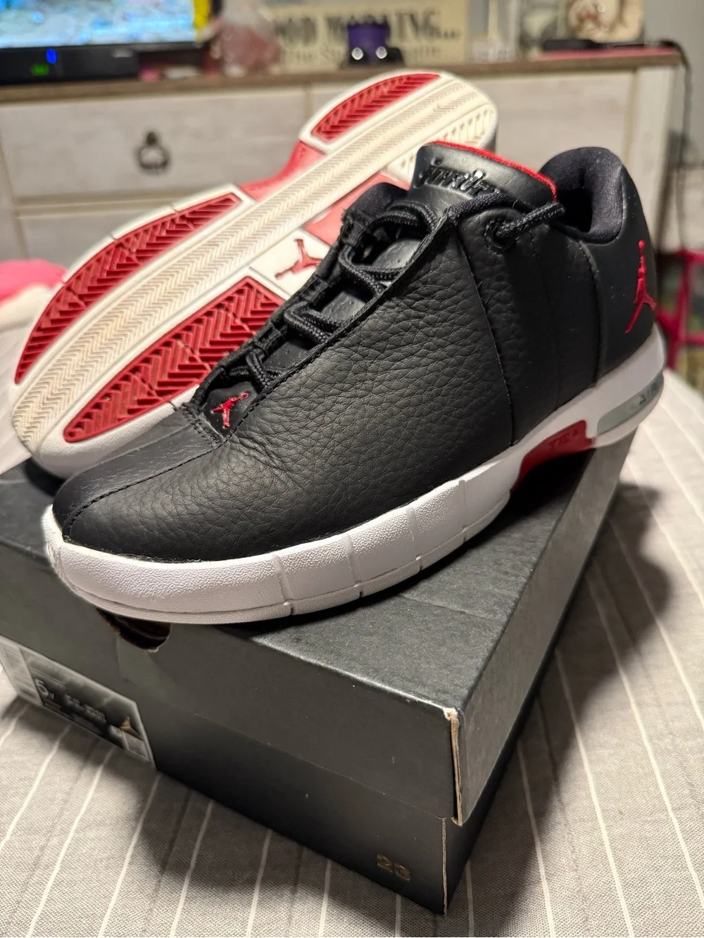 Jordan Kids Black and Red Low-Top Sneakers with White Sole